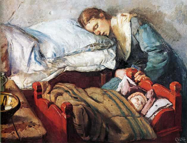 Sovende mor med barn